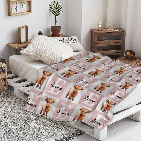 Personalized Cute Highland Cow Soft Throw Blanket with Name Home Decor Anniversary Birthday Gift for Family Friends
