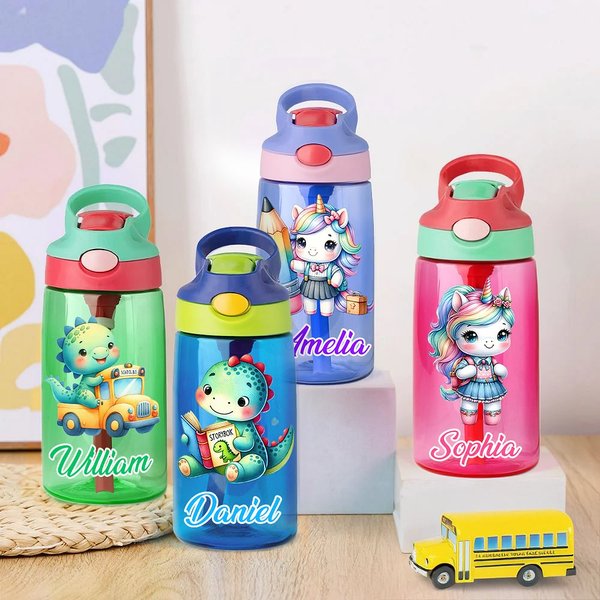 Borraccia da 475 ml personalizzata con motivo dell'unicorno o dinosauro con cannuccia in silicone e manico regalo di rientro a scuola per bambini