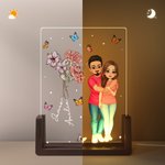 Personalisiertes Geburtsblume Cartoon Charaktere LED-Nachtlicht mit Holzsockel Namen Liebe Umarmung Haus Deko Valentinstag Geschenk für Paare