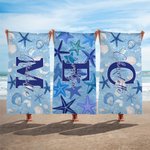 Gepersonaliseerd strandlaken met zeester en schelp Tie-Dye sneldrogend met naam en initiaal Verjaardagscadeau voor familie en vrienden