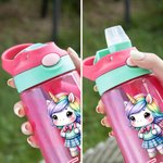 Borraccia da 475 ml personalizzata con motivo dell'unicorno o dinosauro con cannuccia in silicone e manico regalo di rientro a scuola per bambini