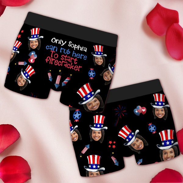 Personalised Firecracker Top Hat Face Photo Men's Underwear Boxer Brief Independence Day Valentine's Day Anniversary Gift for Husbands Boyfriends