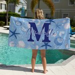 Gepersonaliseerd strandlaken met zeester en schelp Tie-Dye sneldrogend met naam en initiaal Verjaardagscadeau voor familie en vrienden