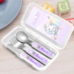 Personalisierte niedliche Dinosaurier Fantasy Einhorn Safe Edelstahl Kinder Gabel Löffel Messer 3 Stück Besteck Set mit Fall und Name Geburtstag Geschenk für Kinder