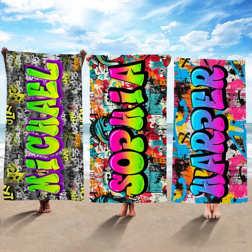 Personalised Stylish Graffiti Oversized Quick Dry Beach Towel with Name Beach Party Travel Essentials Birthday Gift for Kids Family