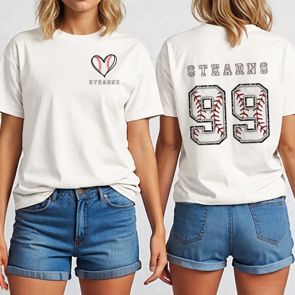 Personalized Heart-Shaped Baseball Softball Multicolour T-shirt with Name and Number Game Day Birthday Gift for Ball Sport Lovers Mom