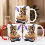 Taza de cerámica personalizada con nombre y posavasos Gato mágico 11 oz 15 oz Regalo de cumpleaños Aniversario para los amantes de los gatos Ratones de biblioteca