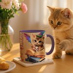 Taza de cerámica personalizada con nombre y posavasos Gato mágico 11 oz 15 oz Regalo de cumpleaños Aniversario para los amantes de los gatos Ratones de biblioteca