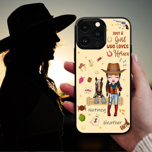 Personalized Cartoon Horse and Cowgirl Phone Case for iPhone with Name Horse Racing Birthday Gift for Women Horse Lovers