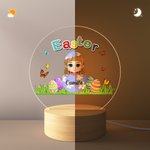 Personalisierte bunte Ostern Craked Broken Eggshell Cartoon Junge Mädchen LED-Nachtlicht mit hölzernen Basis und Name Ostern Party Zimmer Dekoration Geschenk für Kinder