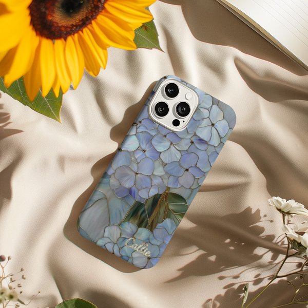 Personalised Hydrangea Faux Stained Glass Phone Case with Name for iPhone Samsung Anniversary Birthday Gift for Female Artists Hydrangea Lovers