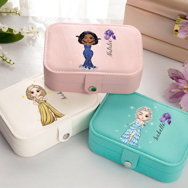Personalizzato alla moda Prom Queen Birth Flower PU Leather Jewelry Box con nome Bridal Party Birthday Gift per le damigelle d'onore donne