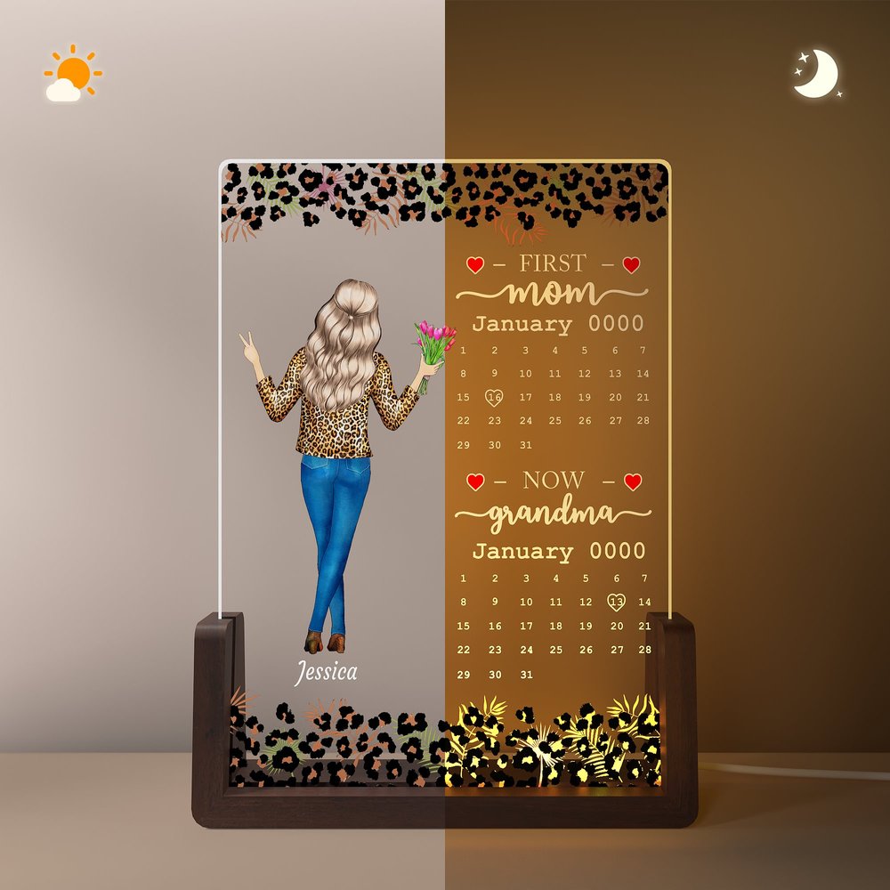 Lámpara de noche LED personalizada con estampado de leopardo para madre e hija con base de madera Decoración de escritorio para el hogar Regalo de cumpleaños para el Día de la Madre para mamá y abuela 5