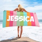 Telo mare personalizzato con nome e righe colorate, oversize e ad asciugatura rapida - Regalo per viaggi e vacanze per famiglia e amici