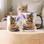 Taza de cerámica personalizada con nombre y posavasos Gato mágico 11 oz 15 oz Regalo de cumpleaños Aniversario para los amantes de los gatos Ratones de biblioteca