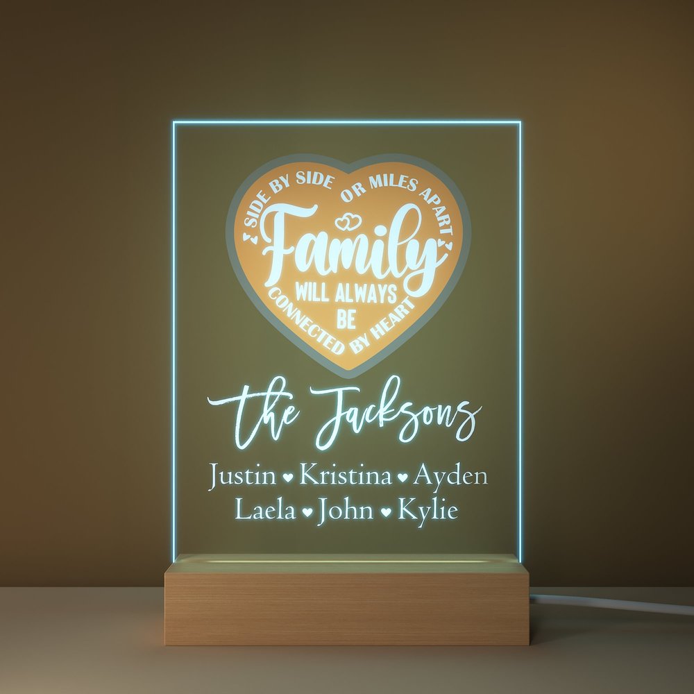 Personlig familj kommer alltid att vara ansluten av hjärtat LED-nattlampa med 1-12 namn och träbas Housewarming födelsedag avskedspresent för familj 5