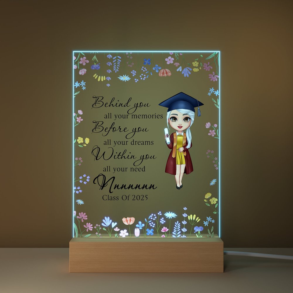 Personalized Floral Border Cartoon Graduation Girl Four-color Adjustable LED Night Light with Wooden Base and Name Graduation Gift for Graduates 5