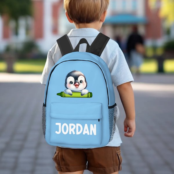 Personligt tecknad Penguin Raccoon Animals Namn Ryggsäck med dragkedja och sidofickor Födelsedag Tillbaka till skolan Present till pojkar Flickor