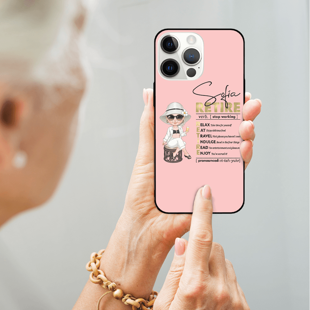 Personalized Retired Women Cartoon Character Phone Case with Name, TPU Phone Case for iPhone, Birthday/Retirement Gift for Women/Colleagues/Family