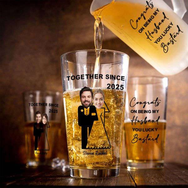 Personalisierte Congrats auf mein Mann zu sein Gesicht Foto Bierglas mit Namen und Jahr Hochzeit Valentinstag Jahrestag Geschenk für Bräutigam Ehemann
