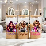 Personalized Stylish Cartoon Barber Name 20 oz Frosted Clear Glass Cup with Lid and Straw Salon Opening Birthday Gift for Hairdresser Friends