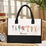 Disegno acquerellato personalizzato per parrucchieri 3 fiori di nascita Borsa di tela con nome Regalo di apprezzamento per gli stilisti amanti dei parrucchieri