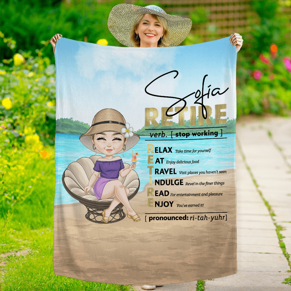 Custom Cartoon Retired Women Character Blanket with Name, Soft Flannel Sherpa Throw Blanket, Home Decor, Birthday/Retirement Gift for Women/Colleagues