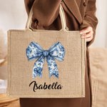 Personalised Toile De Jouy French Retro Blue Bow Large Jute Tote Bag with Name Travel Essential Beach Birthday Gift for Women