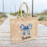 Personalised Toile De Jouy French Retro Blue Bow Large Jute Tote Bag with Name Travel Essential Beach Birthday Gift for Women