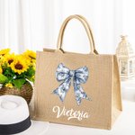 Personalised Toile De Jouy French Retro Blue Bow Large Jute Tote Bag with Name Travel Essential Beach Birthday Gift for Women