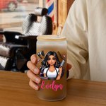 Personalized Stylish Cartoon Barber Name 20 oz Frosted Clear Glass Cup with Lid and Straw Salon Opening Birthday Gift for Hairdresser Friends