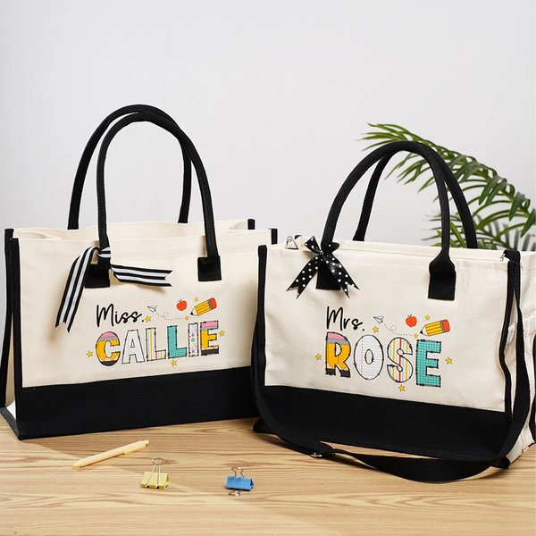 Personalized Multicolour Doodle Text Large Canvas Tote Bag with Shoulder Strap Birthday Teacher's Day Back to School Appreciation Gift for Teachers