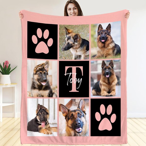 Personalised Multicolor Paw Print 6 Pet Photos Memorial Throw Blanket with Name and Initial Sympathy Birthday Gift for Cat Dog Pet Lovers