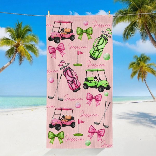 Personalized Golf Ball Cart Bow Name Quick Dry Oversized Microfiber Beach Towel Summer Essential Holiday Birthday Gift for Golf Players Lovers