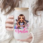 Personalized Stylish Cartoon Barber Name 20 oz Frosted Clear Glass Cup with Lid and Straw Salon Opening Birthday Gift for Hairdresser Friends