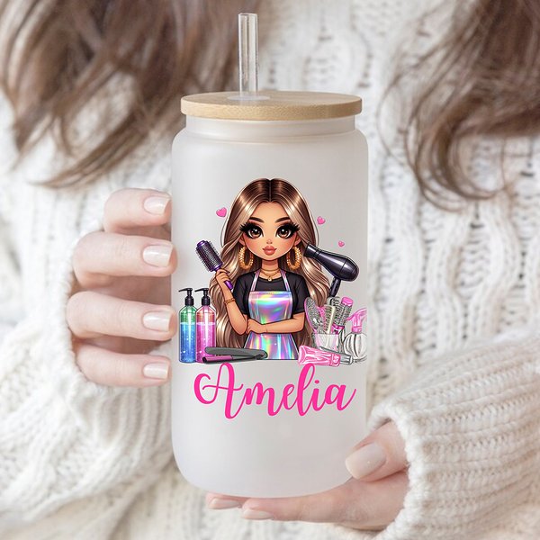 Personalized Stylish Cartoon Barber Name 20 oz Frosted Clear Glass Cup with Lid and Straw Salon Opening Birthday Gift for Hairdresser Friends