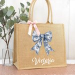 Personalised Toile De Jouy French Retro Blue Bow Large Jute Tote Bag with Name Travel Essential Beach Birthday Gift for Women