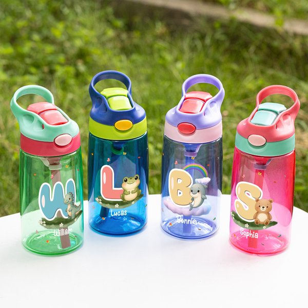 Gepersonaliseerd schattig cartoon dier initiaal 16 oz Kid waterfles met naam Outdoor activiteiten verjaardag terug naar school Gift voor jongens meisjes