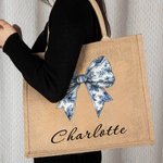 Personalised Toile De Jouy French Retro Blue Bow Large Jute Tote Bag with Name Travel Essential Beach Birthday Gift for Women