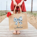 Personalised Toile De Jouy French Retro Blue Bow Large Jute Tote Bag with Name Travel Essential Beach Birthday Gift for Women