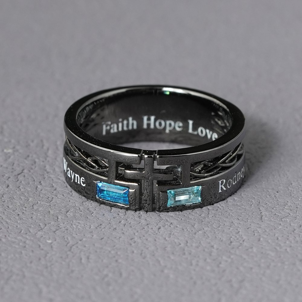 Personalized Cross Birthstone Hollow Ring with Engraved Name and Text Religious Jewelry Birthday Anniversary Baptism Gift for Men Christian 3
