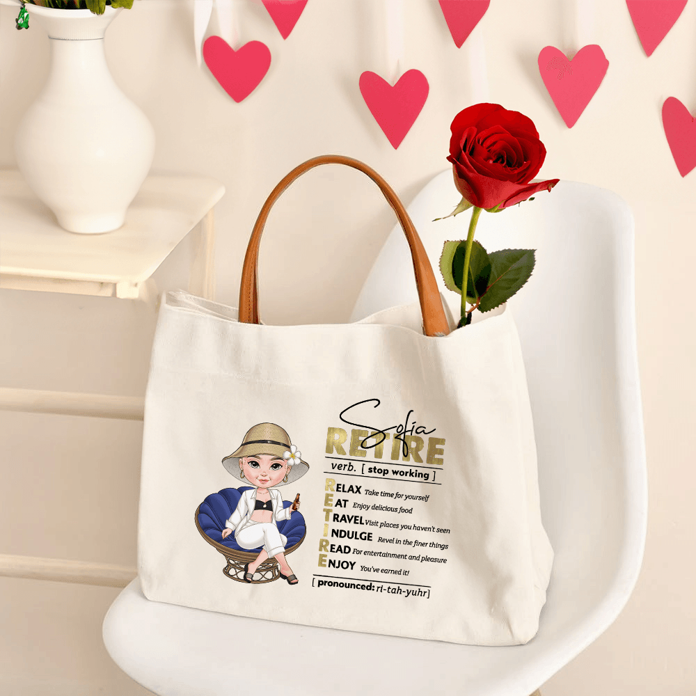 Personalized Name Retired Women Cartoon Character Tote Bag, Large Capacity Canvas Bag with Leather Handle, Birthday/Retirement Gift for Women