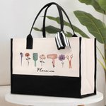 Disegno acquerellato personalizzato per parrucchieri 3 fiori di nascita Borsa di tela con nome Regalo di apprezzamento per gli stilisti amanti dei parrucchieri
