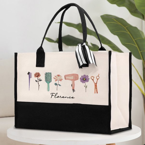 Spersonalizowana akwarelowa torba fryzjerska 3 Birth Flowers Canvas Tote Bag z imieniem Prezent urodzinowy dla stylistów Miłośnicy fryzjerstwa
