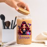 Personalized Stylish Cartoon Barber Name 20 oz Frosted Clear Glass Cup with Lid and Straw Salon Opening Birthday Gift for Hairdresser Friends