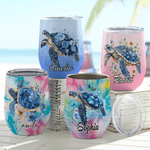 Personalised Floral Sea Turtle Multicolour 12 oz Wine Tumbler with Name and Spill-proof Lid Travel Accessory Birthday Gift for Women Men 1