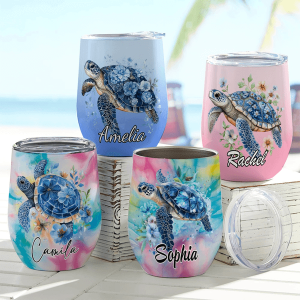 Personalised Floral Sea Turtle Multicolour 12 oz Wine Tumbler with Name and Spill-proof Lid Travel Accessory Birthday Gift for Women Men