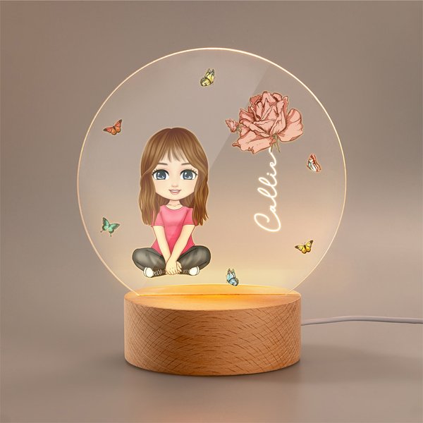 Personalized Cartoon Character Birth Flower Acrylic LED Night Light with Wooden Base Home Decor Gift for Boys Girls