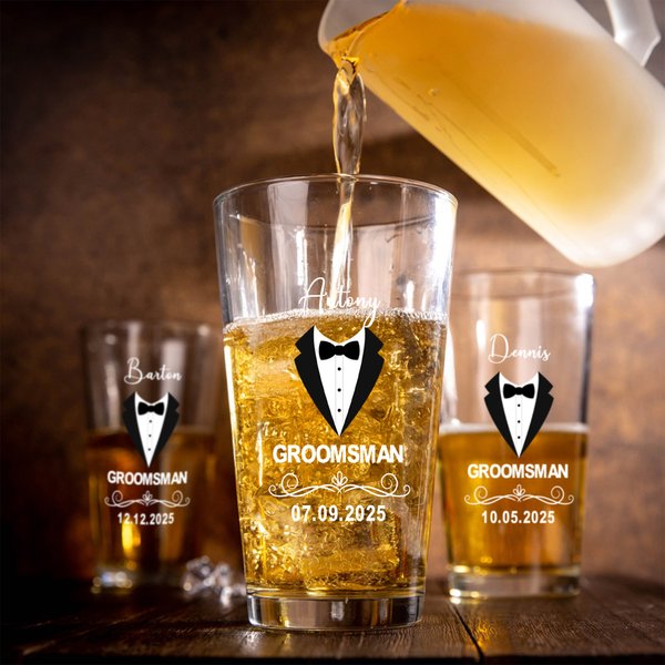 Personalized Groomsman Pint Beer Glass Mug with Name and Date Bachelor Party Wedding Anniversary Gift for Groomsmen