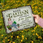 Personalisiertes Retro Garten Cartoon Charakter Metallschild mit Namen Gartendeko Einweihungsparty Geburtstag Geschenk für Oma Mama Gartenliebhaber